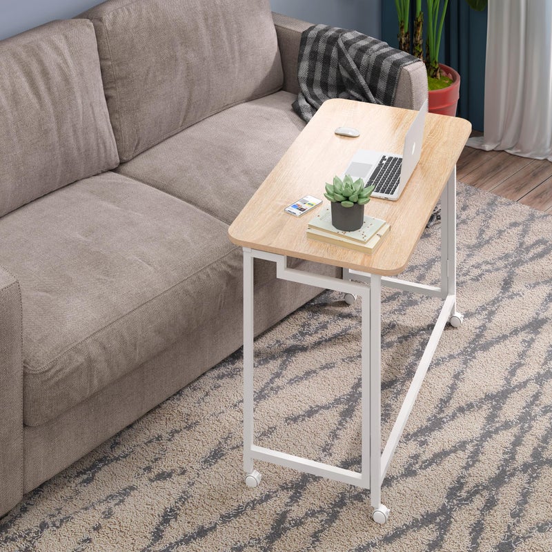 4NM 27.5" Mobile Small Rolling Computer Desk, Folding Laptop Cart Table with Wheels, Portable Office Desk for Small Space Couch Bed - Natural and White - Image 3