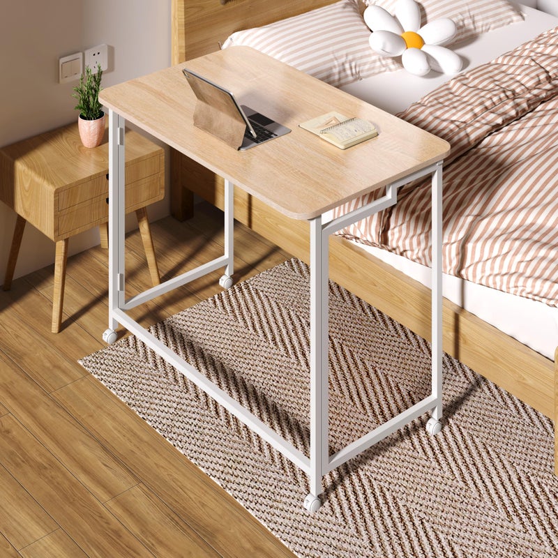 4NM 27.5" Mobile Small Rolling Computer Desk, Folding Laptop Cart Table with Wheels, Portable Office Desk for Small Space Couch Bed - Natural and White - Image 2