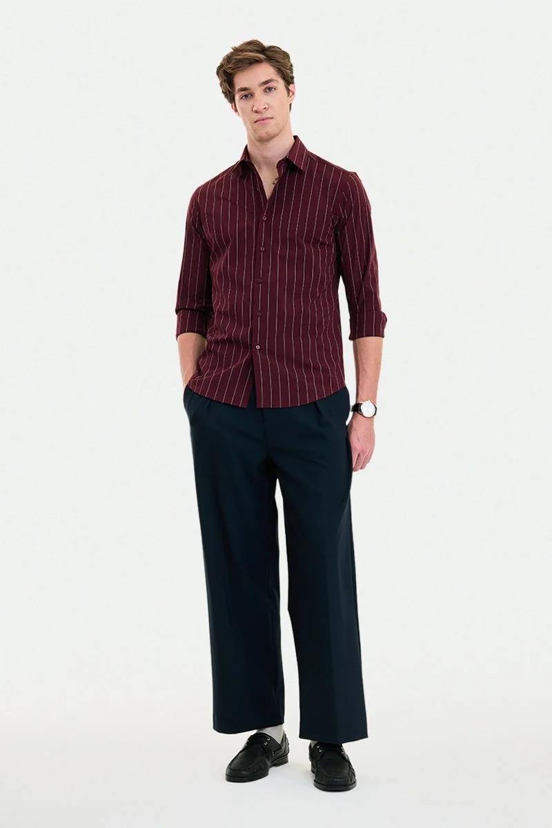 سنيتش Maroon Striped Long Sleeve Slim Fit Formal Luxe Shirt