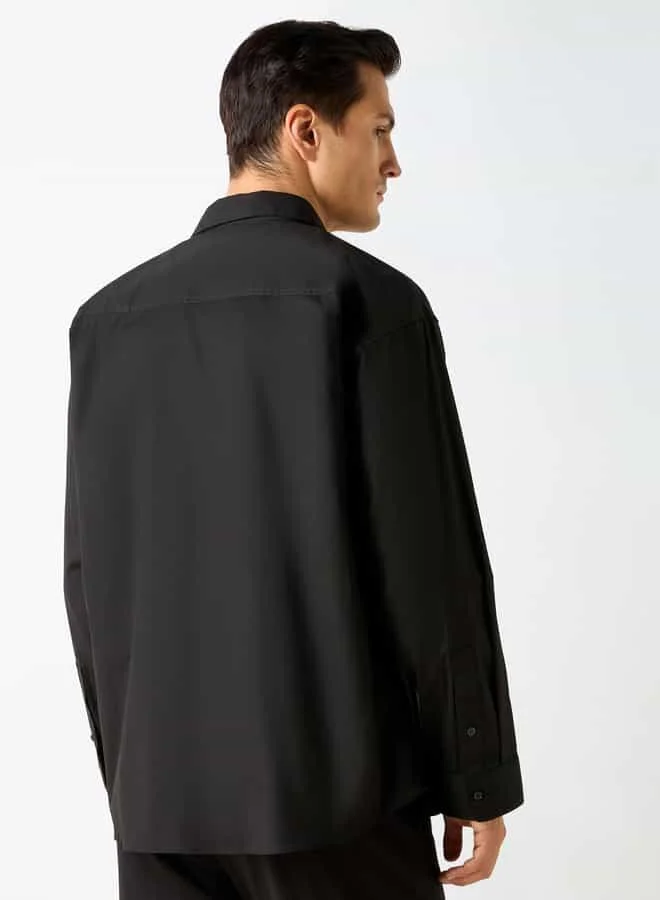 Iconic Iconic Solid Slim Fit Shirt with Pocket and Long Sleeves