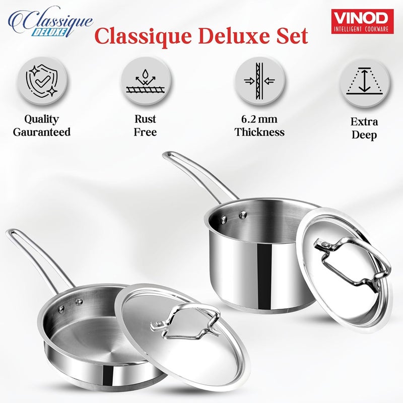 VINOD Vinod Classique Deluxe Stainless Steel Cookware Combo Set of 2 Pcs | Saucepan 2.1 Litre (16cm), Frypan (20cm) | Extra Deep, Riveted Handles | Induction Base | 2 Year Warranty  - Image 3