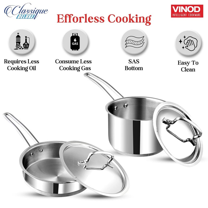 VINOD Vinod Classique Deluxe Stainless Steel Cookware Combo Set of 2 Pcs | Saucepan 2.1 Litre (16cm), Frypan (20cm) | Extra Deep, Riveted Handles | Induction Base | 2 Year Warranty  - Image 5