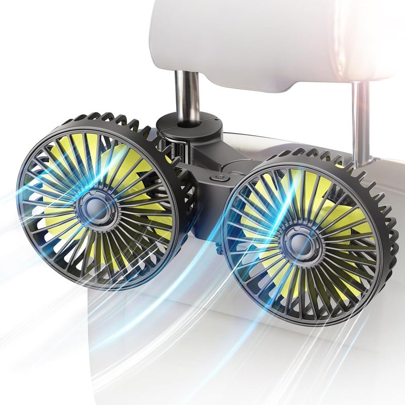 Ouffun Dual Head USB Car Fan for Backseat - 3 Speeds, 360° Rotatable, Adjustable Clip - Image 1