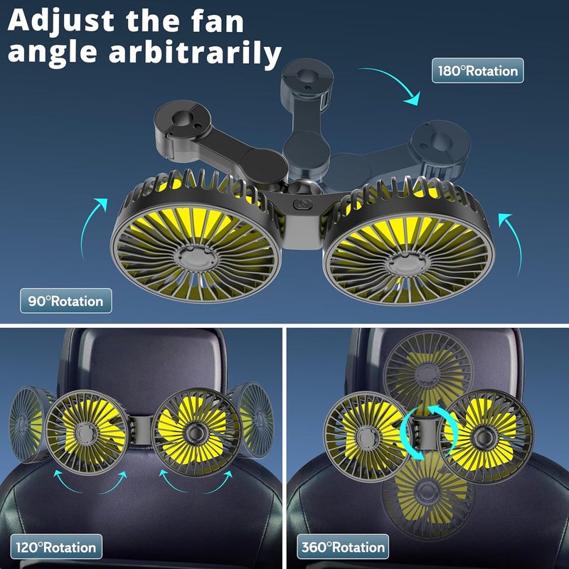 Ouffun Dual Head USB Car Fan for Backseat - 3 Speeds, 360° Rotatable, Adjustable Clip - Image 3