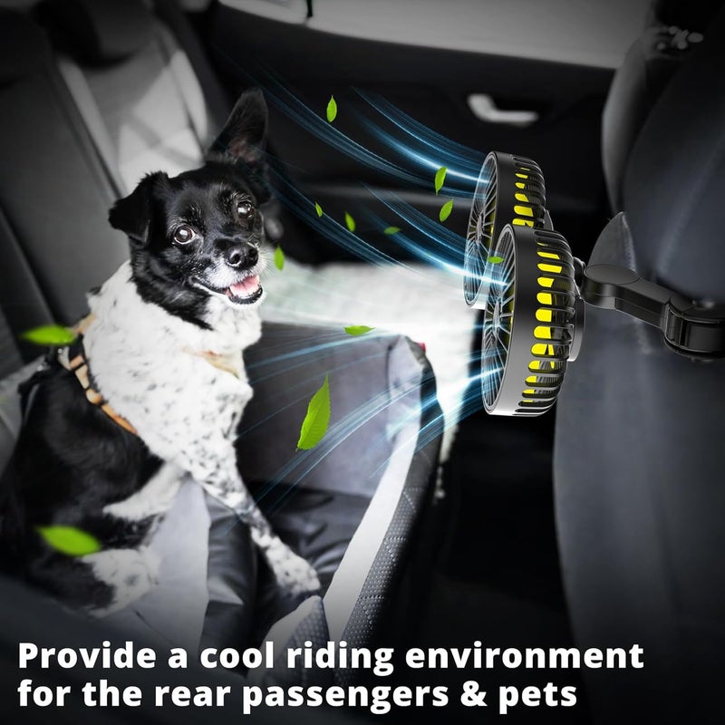 Ouffun Dual Head USB Car Fan for Backseat - 3 Speeds, 360° Rotatable, Adjustable Clip - Image 2