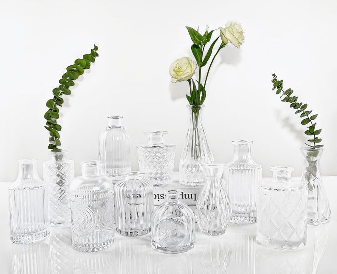 GLASS BUD VASES SET OF 12 SMALL VASES FOR CENTERPIECES VINTAGE MINI VASES FOR WEDDING DECOR CLEAR GLASS BUD VASE IN BULK OFFICE AND HOME TABLE FLOWER DCOR