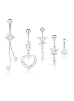 5pcs Belly Button Rings, Silver Plated Belly Button Rings, Surgical Stainless Steel Dangle Belly Rings Heart Flower Butterfly Diamond Belly Button Ring Bars Belly Piercing Jewelry Navel Rings (Silver)