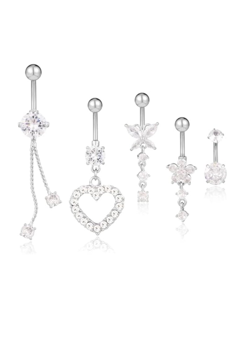 KASTWAVE - 5pcs Belly Button Rings, Silver Plated Belly Button Rings, Surgical Stainless Steel Dangle Belly Rings Heart Flower Butterfly Diamond Belly Button Ring Bars Belly Piercing Jewelry Navel Rings (Silver) - Image 1