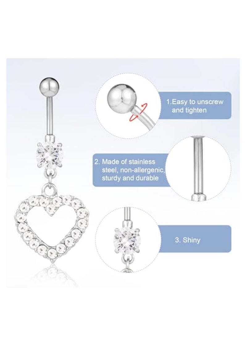 KASTWAVE - 5pcs Belly Button Rings, Silver Plated Belly Button Rings, Surgical Stainless Steel Dangle Belly Rings Heart Flower Butterfly Diamond Belly Button Ring Bars Belly Piercing Jewelry Navel Rings (Silver) - Image 1