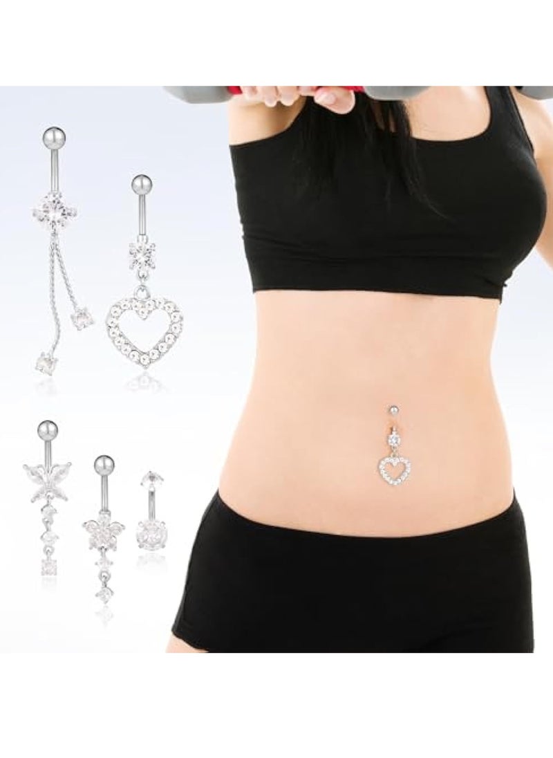KASTWAVE - 5pcs Belly Button Rings, Silver Plated Belly Button Rings, Surgical Stainless Steel Dangle Belly Rings Heart Flower Butterfly Diamond Belly Button Ring Bars Belly Piercing Jewelry Navel Rings (Silver) - Image 1