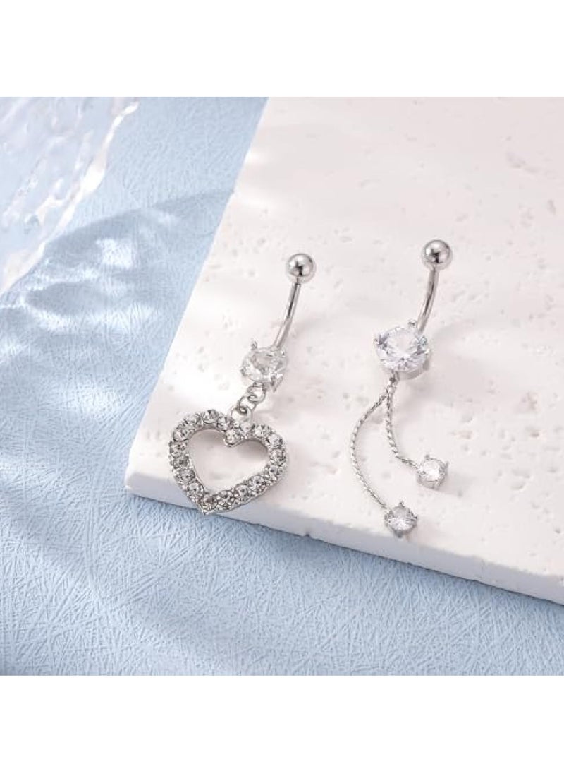 KASTWAVE - 5pcs Belly Button Rings, Silver Plated Belly Button Rings, Surgical Stainless Steel Dangle Belly Rings Heart Flower Butterfly Diamond Belly Button Ring Bars Belly Piercing Jewelry Navel Rings (Silver) - Image 1