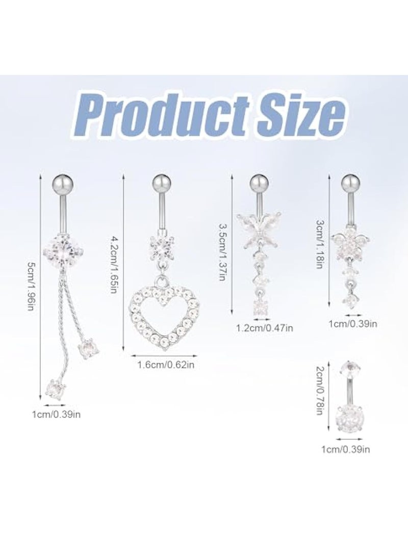 KASTWAVE - 5pcs Belly Button Rings, Silver Plated Belly Button Rings, Surgical Stainless Steel Dangle Belly Rings Heart Flower Butterfly Diamond Belly Button Ring Bars Belly Piercing Jewelry Navel Rings (Silver) - Image 1
