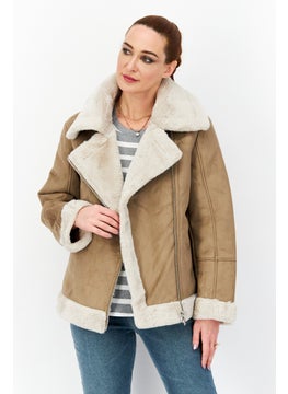 French Connection Women Spread Collar Textured Soft Shell Jacket, Taupe  - Image 1