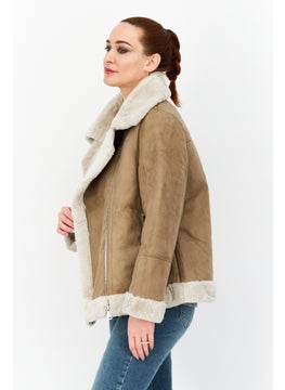 French Connection Women Spread Collar Textured Soft Shell Jacket, Taupe  - Image 3