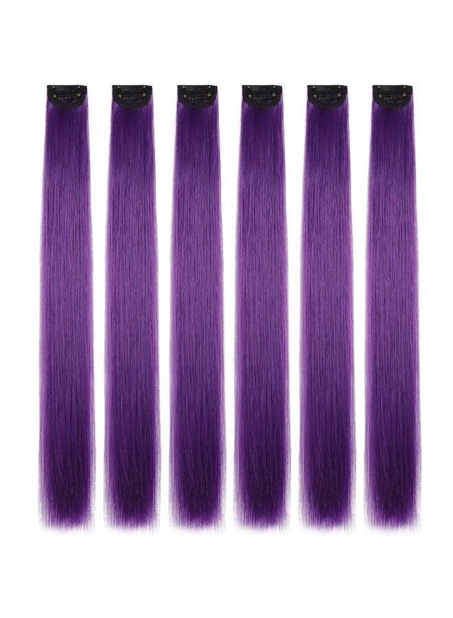 HSPJHTM Purple Hair Extensions,HJPJHTM Colored Hair Extensions,6pcs Party Highlights Clip in Hair Extensions for Girls 22" Long Straight Thick Hair Synthetic Hairpieces - Image 1