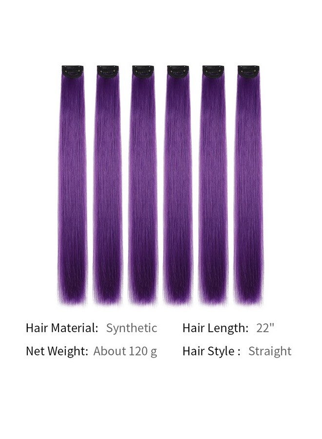 HSPJHTM Purple Hair Extensions,HJPJHTM Colored Hair Extensions,6pcs Party Highlights Clip in Hair Extensions for Girls 22" Long Straight Thick Hair Synthetic Hairpieces - Image 2
