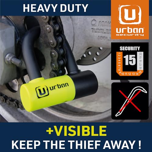 Urban UR59 Mini U Disc Lock, ø14 mm Double Locking, Dual Function for Brake Lock or Chain, 14mm Hardened Steel Shackle, Reminder Cable, Universal Anti Theft Wheel Lock for Motorcycle, Scooter Bike - Image 3