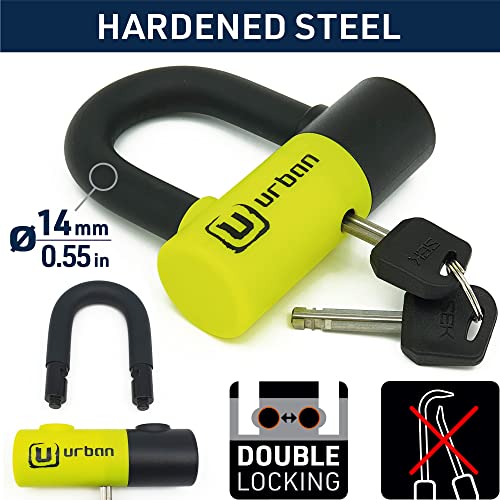 Urban UR59 Mini U Disc Lock, ø14 mm Double Locking, Dual Function for Brake Lock or Chain, 14mm Hardened Steel Shackle, Reminder Cable, Universal Anti Theft Wheel Lock for Motorcycle, Scooter Bike - Image 2