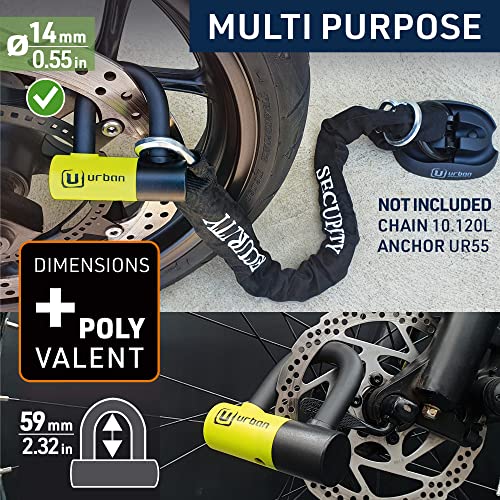 Urban UR59 Mini U Disc Lock, ø14 mm Double Locking, Dual Function for Brake Lock or Chain, 14mm Hardened Steel Shackle, Reminder Cable, Universal Anti Theft Wheel Lock for Motorcycle, Scooter Bike - Image 4