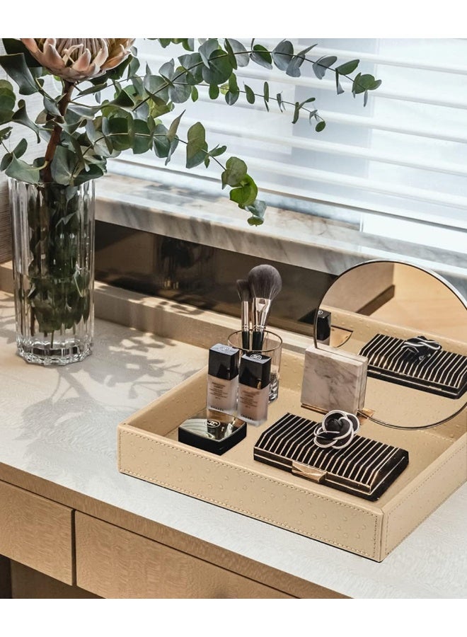 HofferRuffer HofferRuffer Faux Leather Vanity Tray, Elegant Desktop Storage Organizer, Decorative Catchall Perfume Tray, Bathroom Valet Tray, Nightstand or Dresser Organizer, 10.2 x 8.4 x 1.8 inches (Beige)  - Image 3