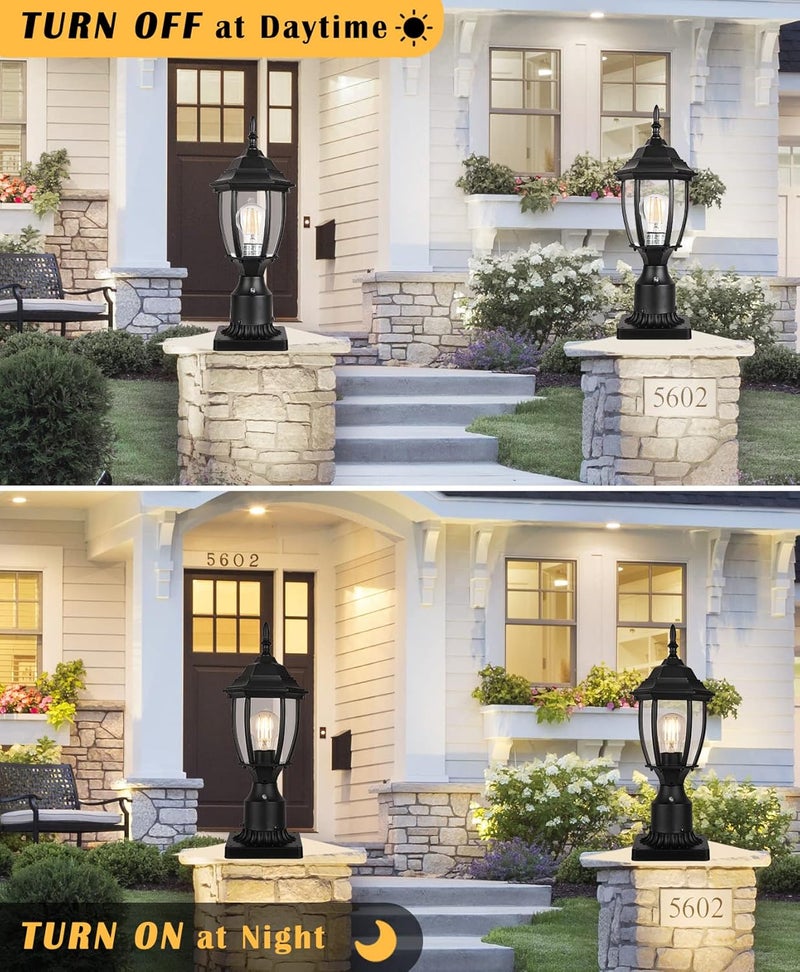 PARTPHONER Hardwired 120V Dusk to Dawn Outdoor Post Light 2 Pack, Waterproof Aluminum Pole Light Fixture with Pier Mount Base, Exterior Lamp Post Lantern Head with Clear Glass for Garden Yard Patio Pathway - Image 3