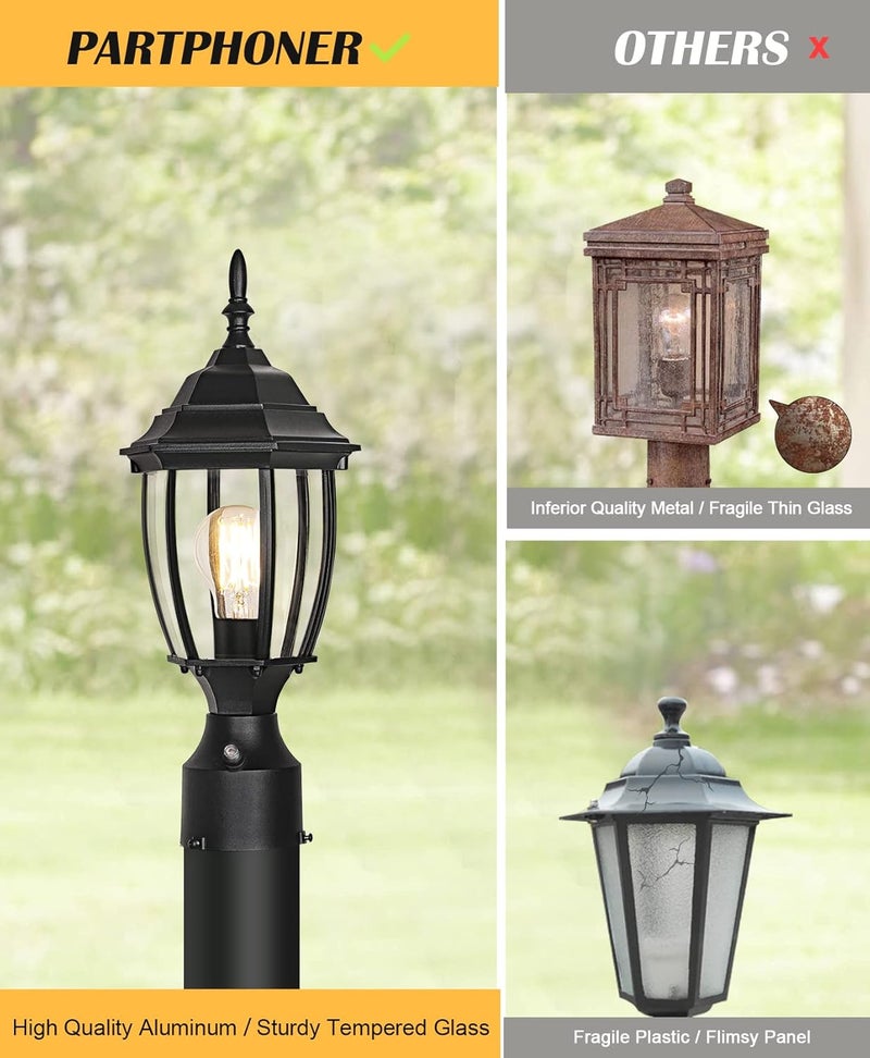 PARTPHONER Hardwired 120V Dusk to Dawn Outdoor Post Light 2 Pack, Waterproof Aluminum Pole Light Fixture with Pier Mount Base, Exterior Lamp Post Lantern Head with Clear Glass for Garden Yard Patio Pathway - Image 5