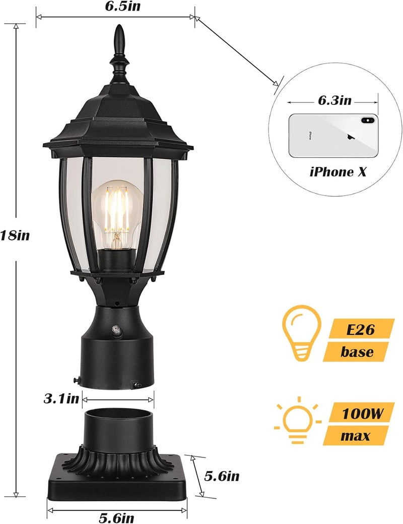 PARTPHONER Hardwired 120V Dusk to Dawn Outdoor Post Light 2 Pack, Waterproof Aluminum Pole Light Fixture with Pier Mount Base, Exterior Lamp Post Lantern Head with Clear Glass for Garden Yard Patio Pathway - Image 2