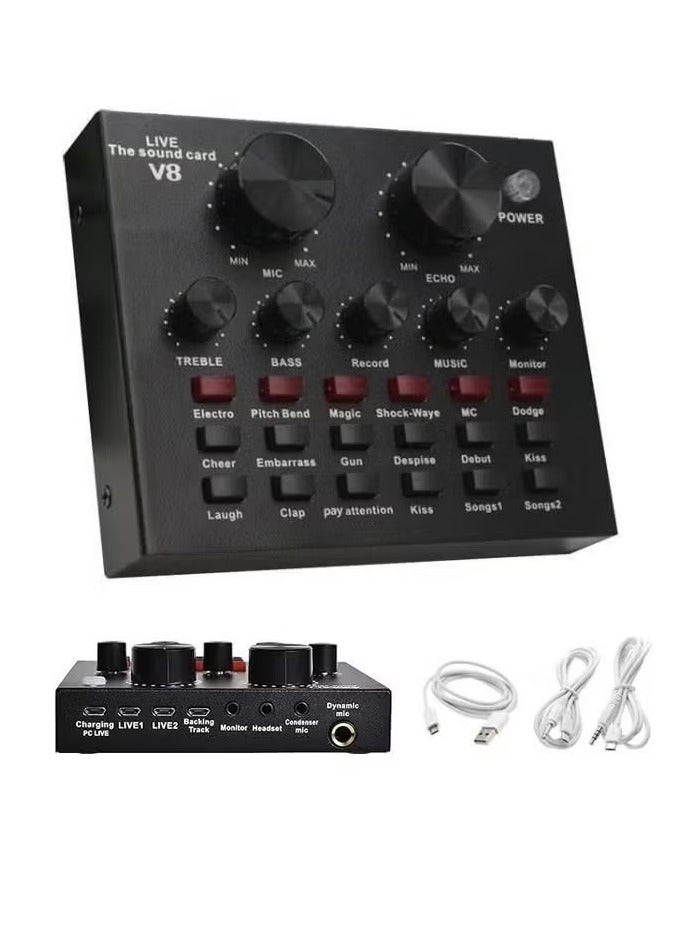 V8 External Sound Card USB Live External Sound Mixer Board Voice Changer Sound Card with Multiple Sound Effects for Live Recording Home KTV Voice Chat  - Image 1