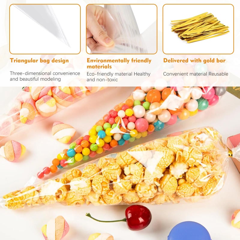 CdbC Cone Shaped Cellophane Treat Bags, 100 Pcs 7x15 inches, Clear, Disposable, Formed/Sealed, Plastic, Twist Tie, Perfect for Party Treats, Candy, Popcorn, Snack Wraps - Image 3