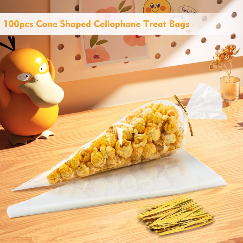 CdbC Cone Shaped Cellophane Treat Bags, 100 Pcs 7x15 inches, Clear, Disposable, Formed/Sealed, Plastic, Twist Tie, Perfect for Party Treats, Candy, Popcorn, Snack Wraps - Image 4