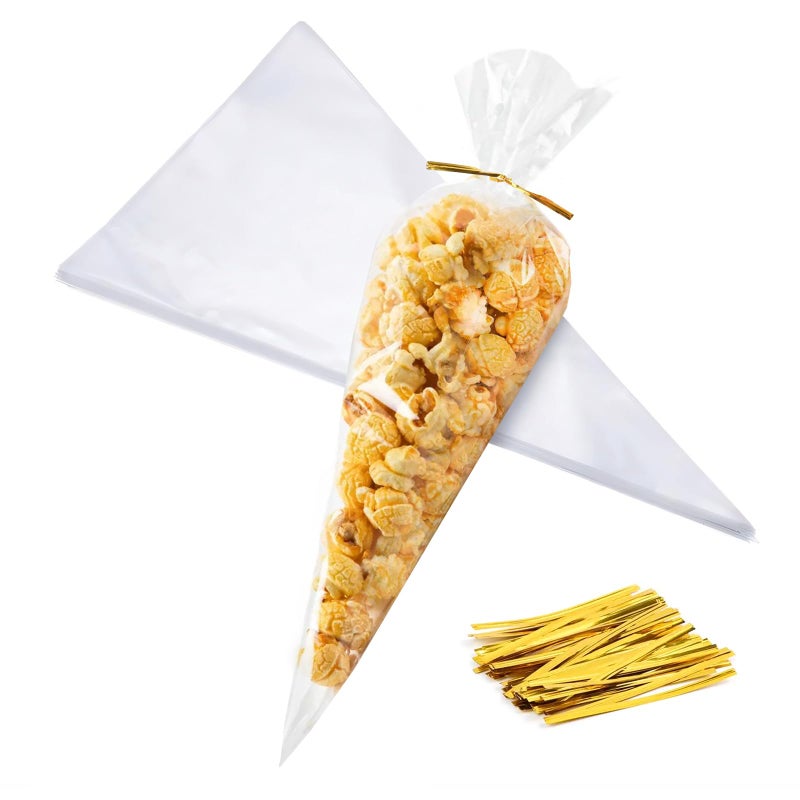 CdbC Cone Shaped Cellophane Treat Bags, 100 Pcs 7x15 inches, Clear, Disposable, Formed/Sealed, Plastic, Twist Tie, Perfect for Party Treats, Candy, Popcorn, Snack Wraps - Image 1
