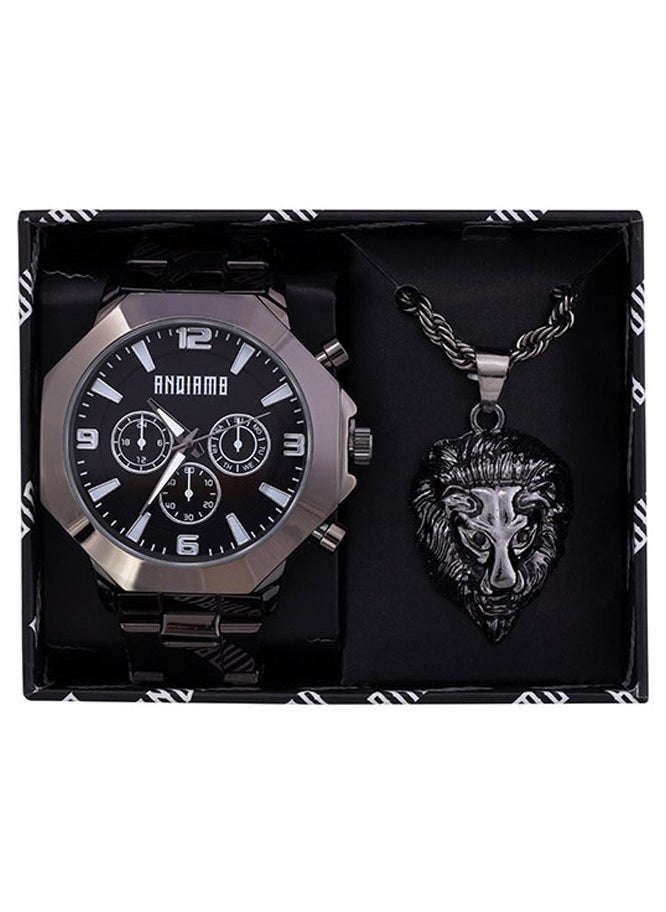 ANDIAMO Men's Analog Black Case Black Metal Strap Set Watch 