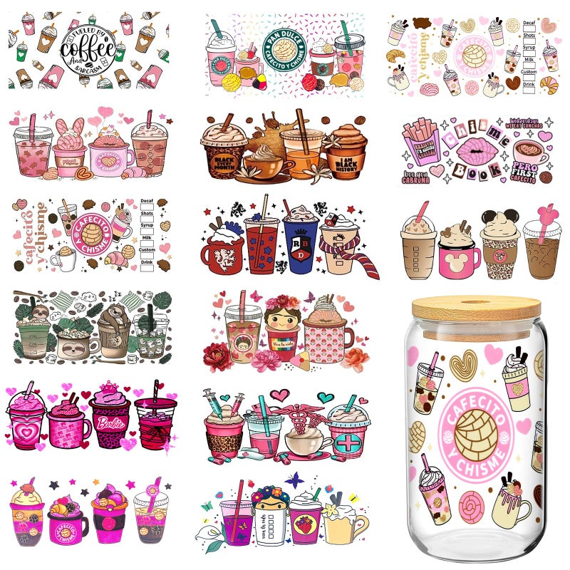 UV DTF Cup Wrap Transfer Stickers for Glass 15 Sheets Cup Rub on Transfers for Crafting Cup Decal Stickers for 16OZ Libbey Glass Cups Furniture Craft Wood DIY Crafts 15PCSCup Style