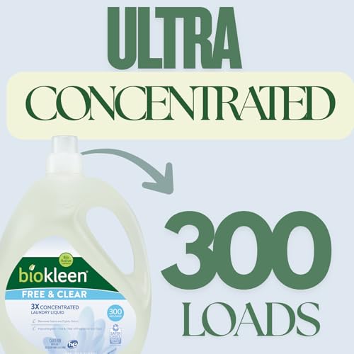 Biokleen Free & Clear Natural 3X Concentrated Liquid Laundry Detergent, 300 Loads, Plant-Based, Hypoallergenic, Removes Stains & Fights Odors, Dye Free, Unscented - Image 4