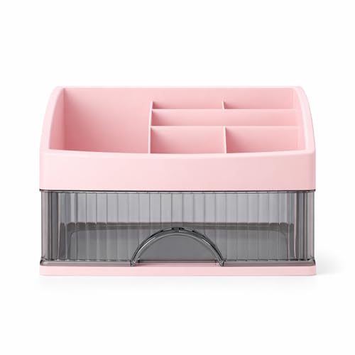 HoopVool® Countertop Organizer with Drawers Plastic Storage for Makeup Brush,Hair Accessories,Jewelry,Skincare Vanity Display, Skin Care Products, Office Desk Organizer (Pink, Layer-1) - Image 1