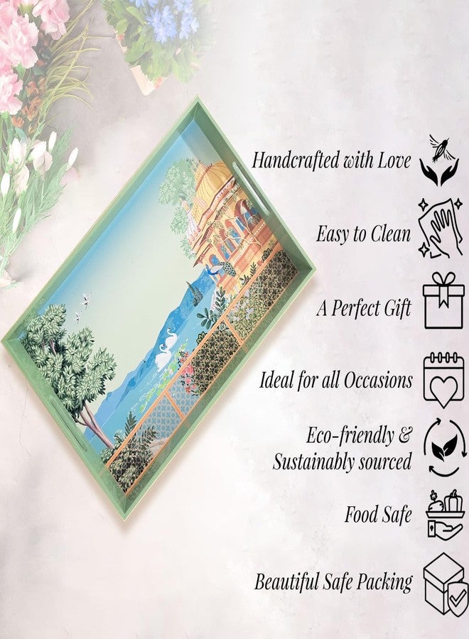 CRAFTSLANE Handcrafted Wooden Tray | Fancy Tea & Coffee Rectangular Tray with Handle | Elegant Decorative Serving Tray in Lacquer Finish | Swan Serenade (15"x10") - Image 4