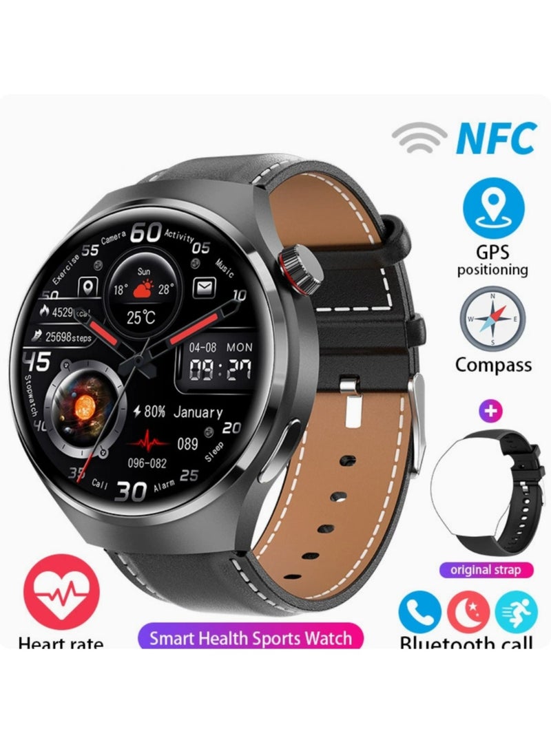 Smart Watch GT4 PRO With Bluetooth Calling Function (Answer/Make Calls), Fitness Tracking Watch With Sleep Monitoring Function, Suitable For IPhone/Android, IP68 Waterproof (Black silicone + black leather) 2pcs Watch Strap - Image 2