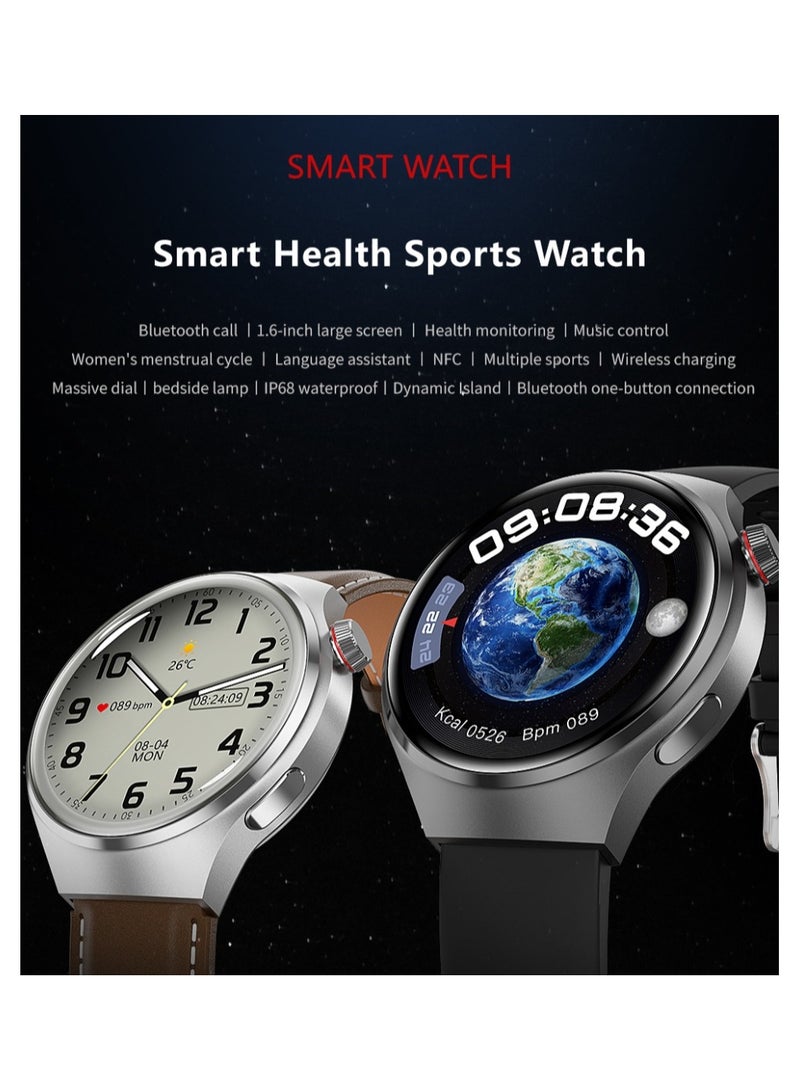 Smart Watch GT4 PRO With Bluetooth Calling Function (Answer/Make Calls), Fitness Tracking Watch With Sleep Monitoring Function, Suitable For IPhone/Android, IP68 Waterproof (Black silicone + black leather) 2pcs Watch Strap - Image 5
