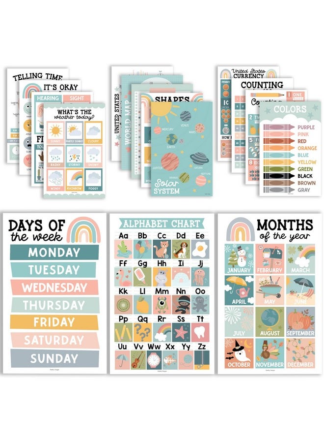 Hadley Designs 16 Boho Preschool Classroom Posters - Educational Posters For Toddlers 1-3, Toddler Learning Posters, Homeschooling Supplies, Alphabet Poster For Toddlers, Days Of The Week Poster For Kids Posters  - Image 1