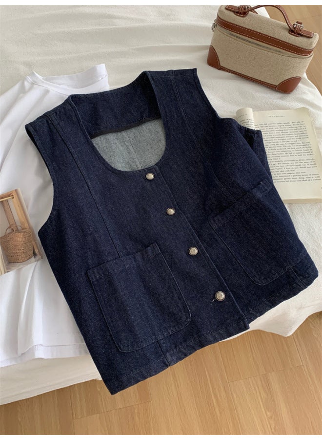 Elegant Commuter U-Collar Small Silver Buckle Denim Vest Women's Japanese Style Retro Early Autumn Stacked Sleeveless Vest Cardigan Top 