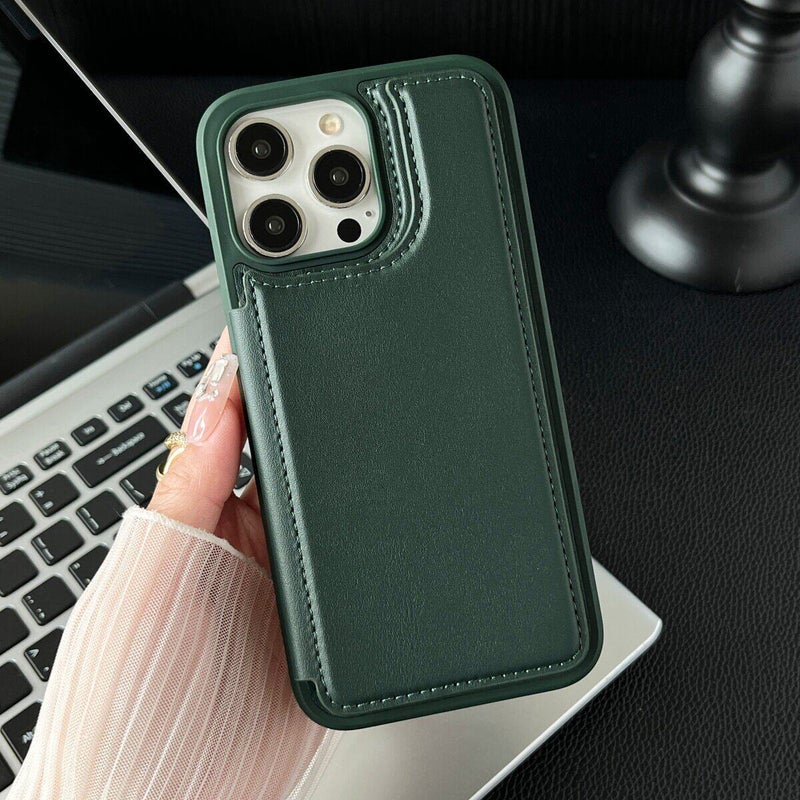غطاء واقي بPU لـ iPhone 14 / 14 Plus / 14 Pro / 14 Pro Max باللون أخضر مغناطيسي بوظيفة حامل مع حماية من السقوط وحامل قائم مع مقاوم للصدمات مع حامل بطاقات مع مغناطيس قوي سهل الحمل - Image 1