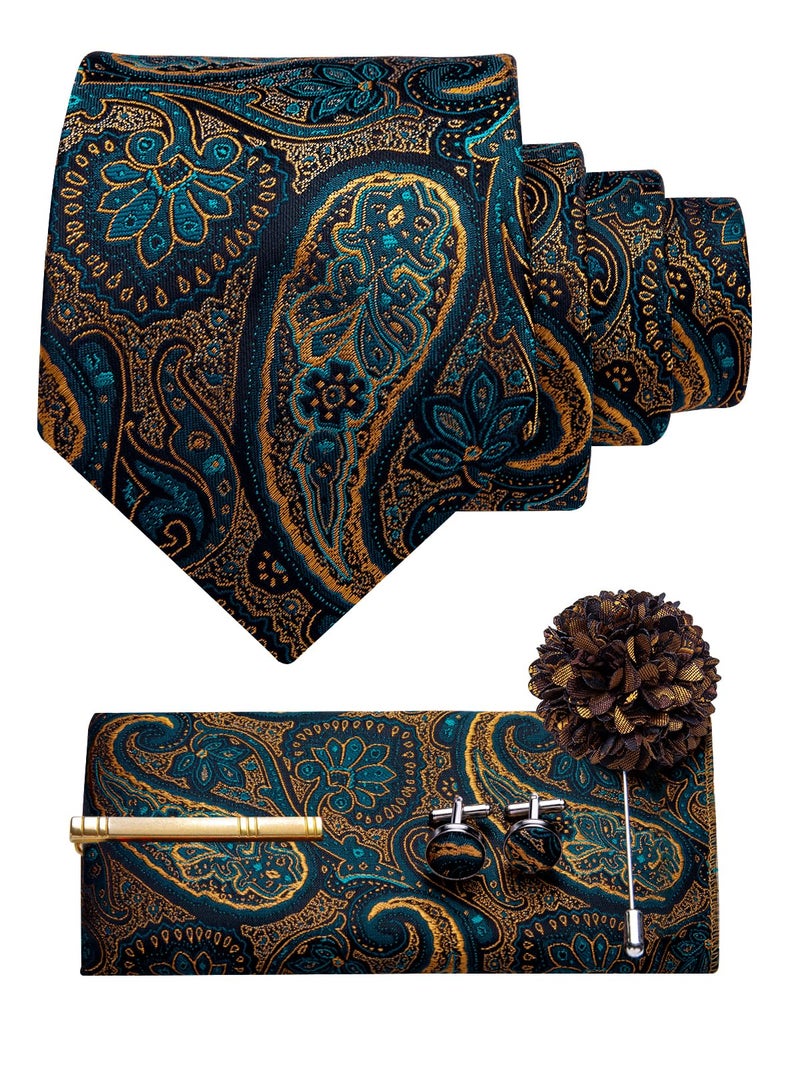 YourTies Teal Gold Tie for Men Silk Paisley Necktie Pocket Square Cufflinks Tie Clip Lapel Pin Set Wedding Business - Image 2