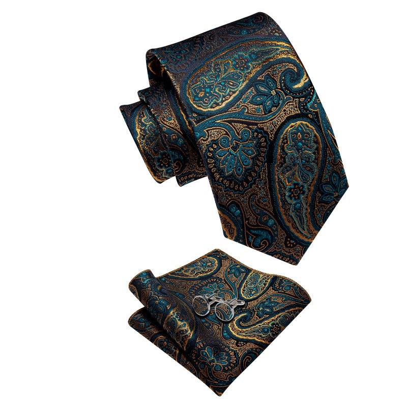 YourTies Teal Gold Tie for Men Silk Paisley Necktie Pocket Square Cufflinks Tie Clip Lapel Pin Set Wedding Business - Image 4