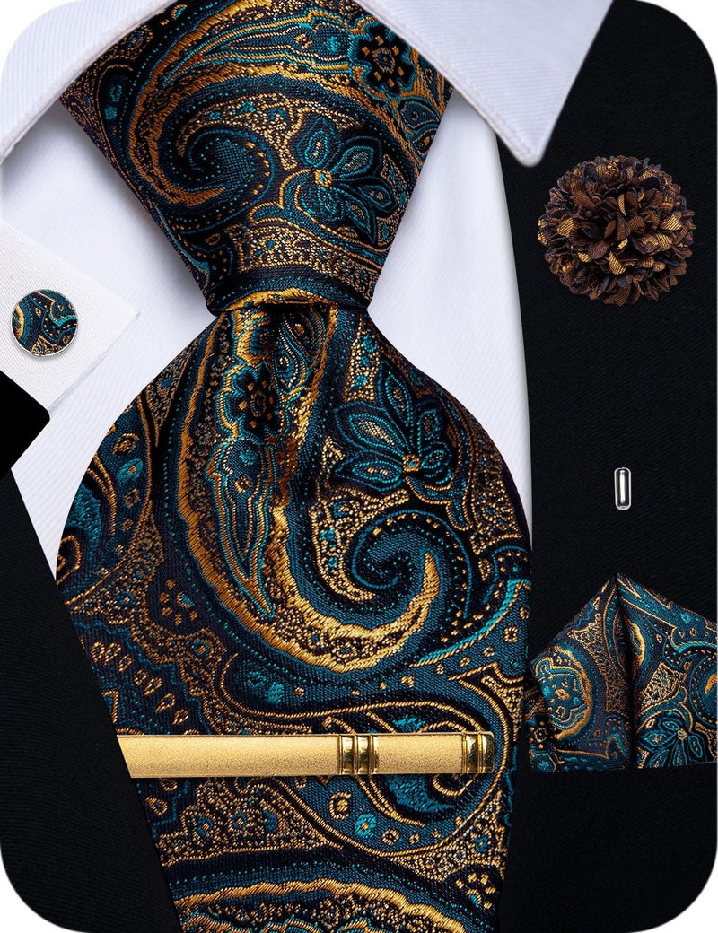 YourTies Teal Gold Tie for Men Silk Paisley Necktie Pocket Square Cufflinks Tie Clip Lapel Pin Set Wedding Business - Image 1