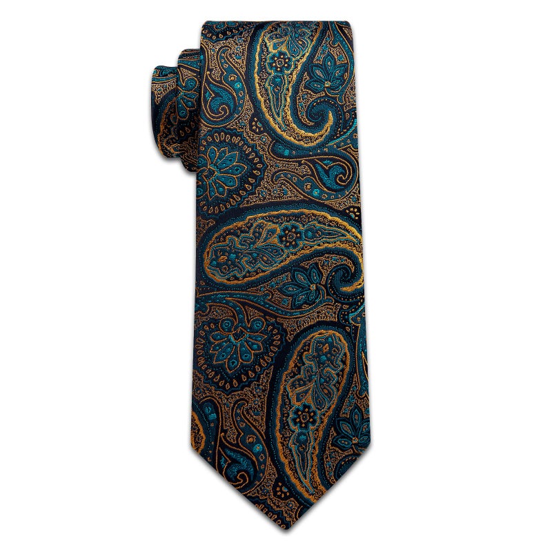 YourTies Teal Gold Tie for Men Silk Paisley Necktie Pocket Square Cufflinks Tie Clip Lapel Pin Set Wedding Business - Image 5