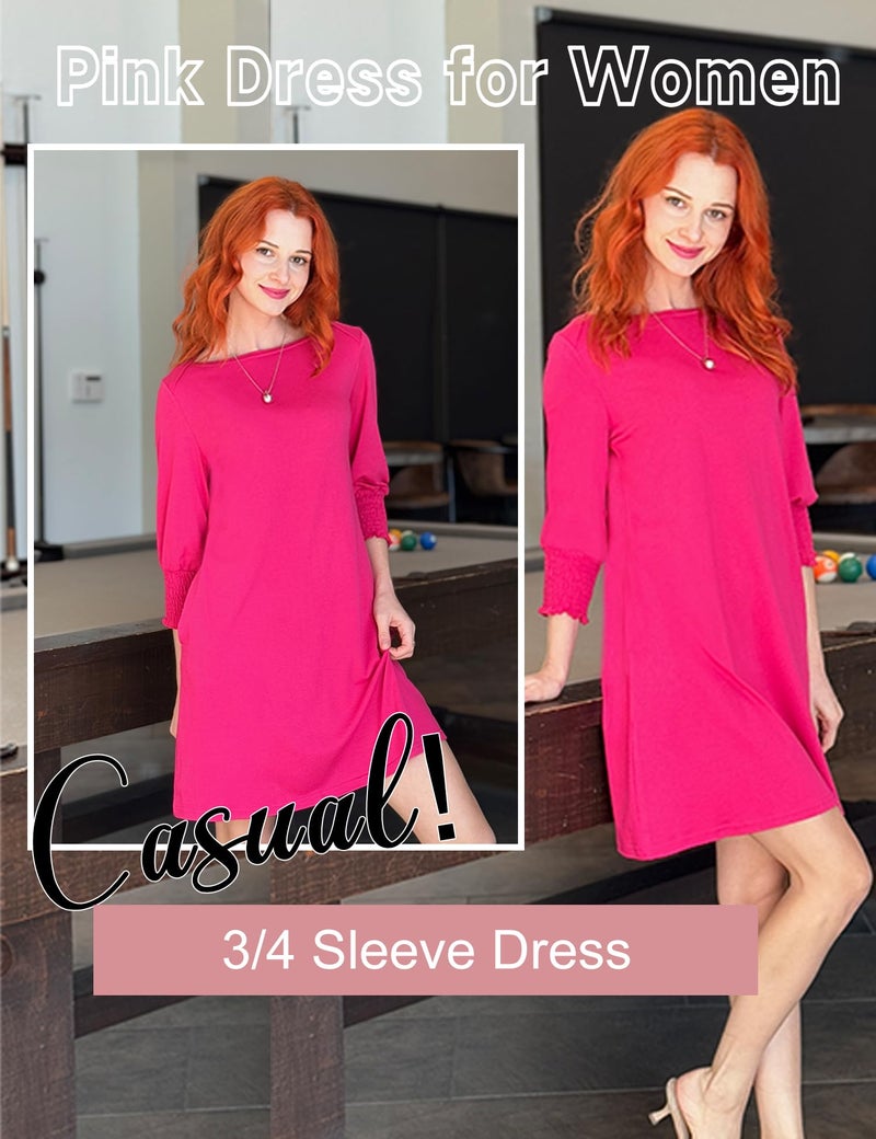 LUYAA Pink Dress for Women Summer 3/4 Sleeve Crewneck Dresses for Women 2025 Business Casual Solid Color Summer Mini Dress Bridal Shower Dress XL - Image 5