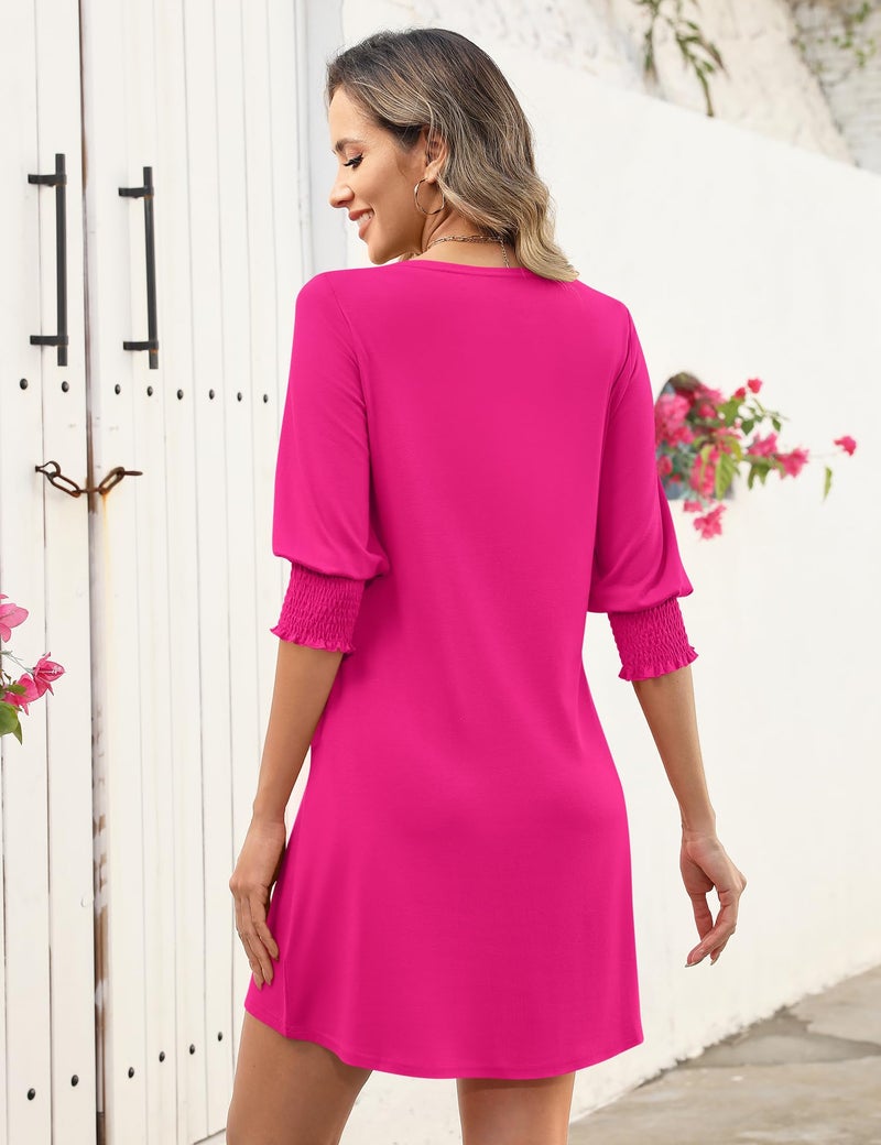 LUYAA Pink Dress for Women Summer 3/4 Sleeve Crewneck Dresses for Women 2025 Business Casual Solid Color Summer Mini Dress Bridal Shower Dress XL - Image 3