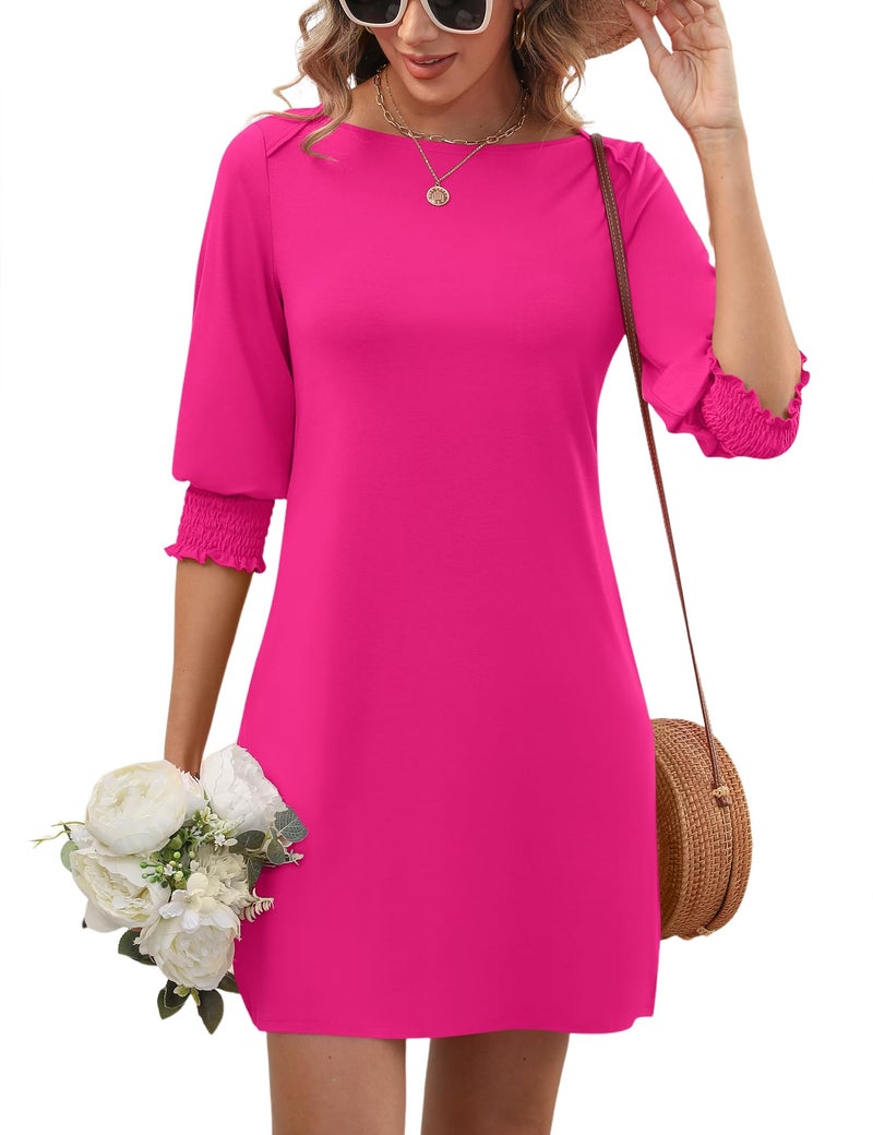 LUYAA Pink Dress for Women Summer 3/4 Sleeve Crewneck Dresses for Women 2025 Business Casual Solid Color Summer Mini Dress Bridal Shower Dress XL - Image 1