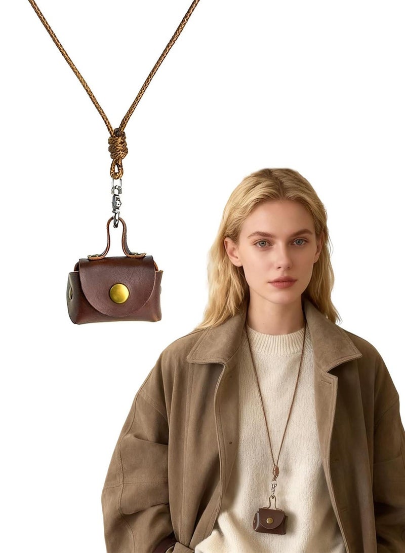 Vintage Leather Mini Crossbody Necklace Bag, Retro Brown Small Coin Purse with Lanyard, Multifunctional AirPods/Earbud Pouch for - Image 1