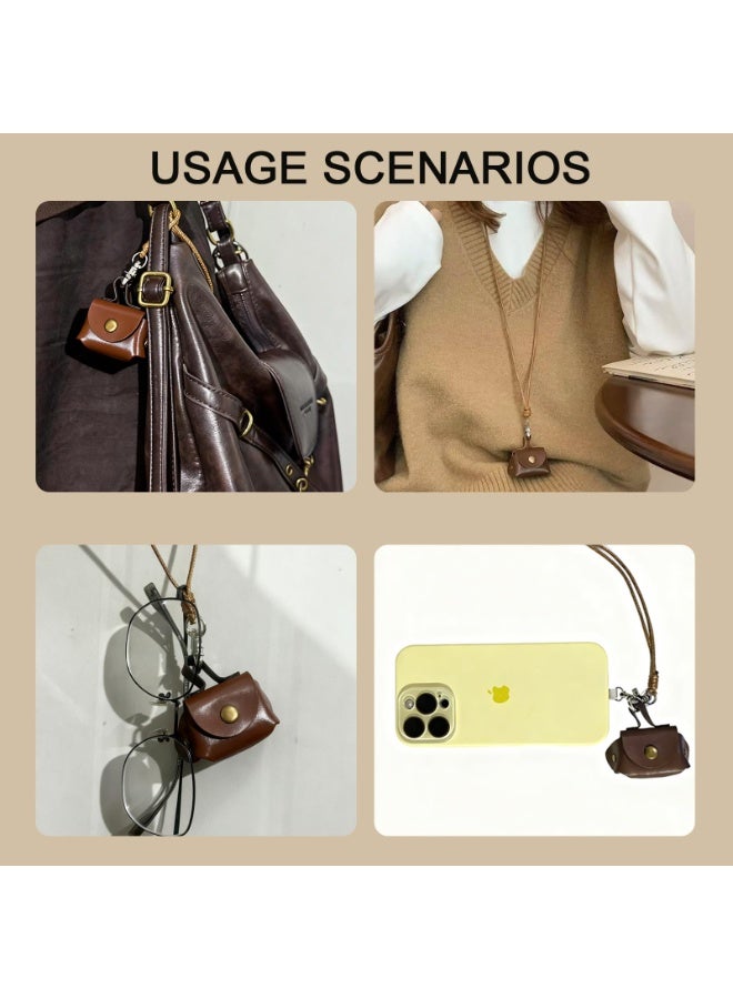 Vintage Leather Mini Crossbody Necklace Bag, Retro Brown Small Coin Purse with Lanyard, Multifunctional AirPods/Earbud Pouch for - Image 5